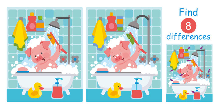 Find differences, education game for children. Cute cartoon little pig in bath with duck, soap foam and bubbles. Flat vector illustration.