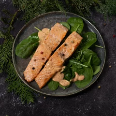 Poster Baked or fried salmon and salad, Paleo, keto, fodmap, dash diet. © Маргарита Медведева
