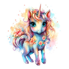 Magic watercolor unicorn with flowers in watercolor style. Generative AI
