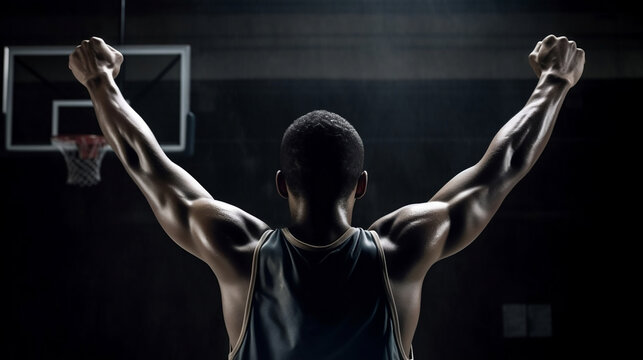 Rear view of a basketball player with his arms in the air. Generative ai.