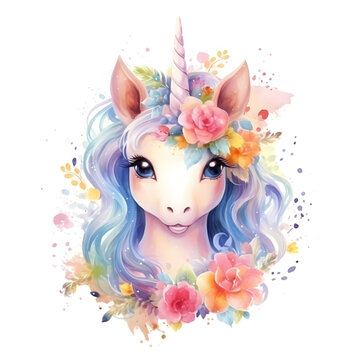 Cute colorful magic unicorn with flowers in watercolor style. Generative AI