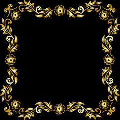 Doodle drawing gold floral frame on black background