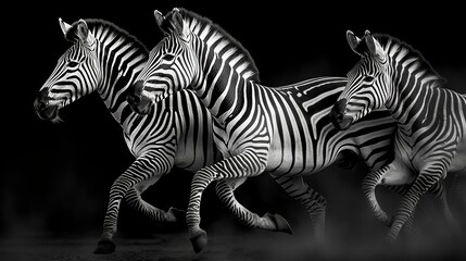 Fototapeta na wymiar three zebras are running in a line in black and white. generative ai