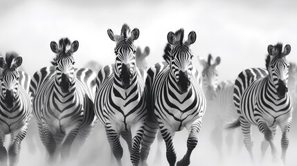  a group of zebras running in a line in the wild.  generative ai - obrazy, fototapety, plakaty