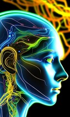 Obraz premium An AI generated illustration of an artistic female robot head with glowing wires