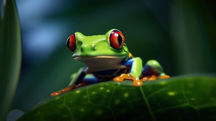  a green frog with red eyes sitting on a green leaf.  generative ai