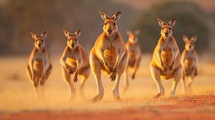Fototapeta na wymiar a group of kangaroos running in a line across a field. generative ai