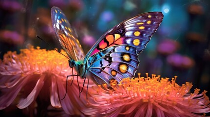 Fototapeta na wymiar a colorful butterfly sitting on top of a flower next to a purple flower. generative ai