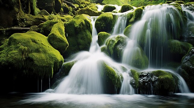 a waterfall with moss growing on the rocks and water running down it. generative ai © Oleg