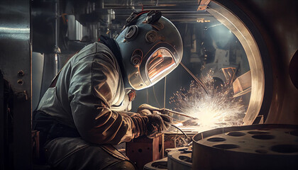 Skillful metal worker working with plasma welding machine in factory while wearing safety equipment. Metalwork manufacturing and construction maintenance service by manual skill labor concept. - obrazy, fototapety, plakaty