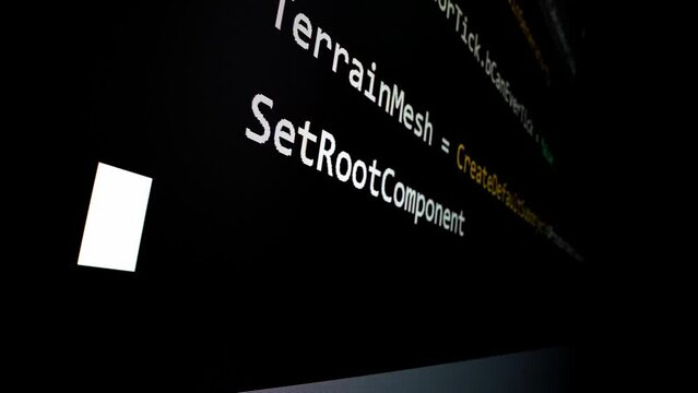 Closeup macro shot movement of coding script moving across LED screen with real-time AI-generated typing, showcasing advanced AI learning in optimization, debug and coding for software development.
