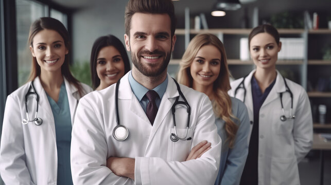Portrait of multi-cultural medical team standing in hospital. Generative AI