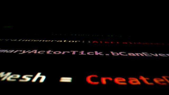 Closeup macro shot movement of coding script moving across LED screen with real-time AI-generated typing, showcasing advanced AI learning in optimization, debug and coding for software development.