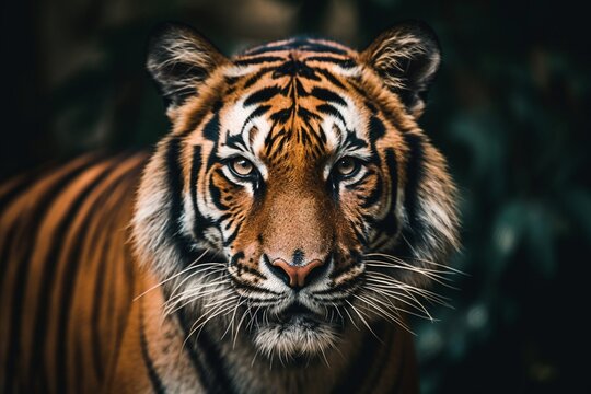 Close-up of Tiger's Face in Forest - Awareness and Curiosity Captured - AI Generative