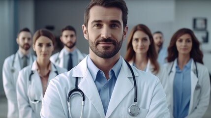 Fototapeta premium Portrait of multi-cultural medical team standing in hospital. Generative AI