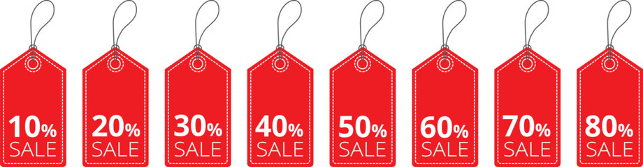 Iconos de etiquetas rojas de cartón con diferentes porcentajes. Vector