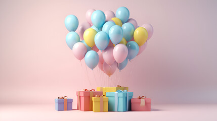 Colorful presents with balloons on soft pink background and copy space.