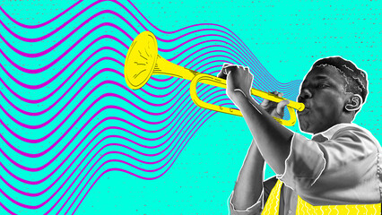 Talented, young, african man playing trumpet against abstract blue background. Lovely sounds of melody. Contemporary art collage. Concept of music, festival, inspiration, art, fun, party, event