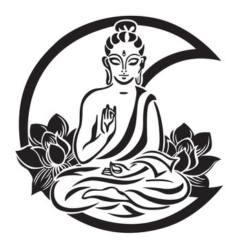 Buddha with lotus flowers and crescent moon. Vector illustration.