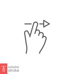 Swipe right icon. Simple outline style. Hand finger slide to right, drag arrow, unlock phone action concept. Thin line symbol. Vector illustration isolated on white background. Editable stroke EPS 10.