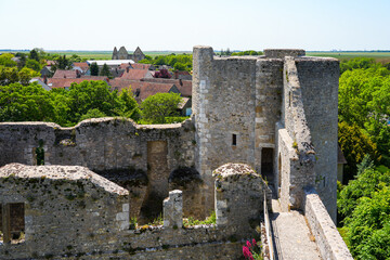 Fototapeta na wymiar Round tower of the medieval castle of Yèvre le Châtel in the French department of Loiret