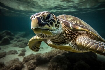 Fototapeta premium Sea turtles swimming in bright clear turquese underwater. Generative Ai