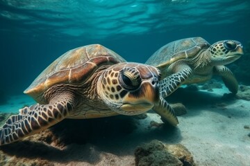 Obraz premium Sea turtles swimming in bright clear turquese underwater. Generative Ai