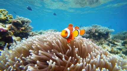 Naklejka na ściany i meble a clown fish swimming over anemone in the ocean. generative ai
