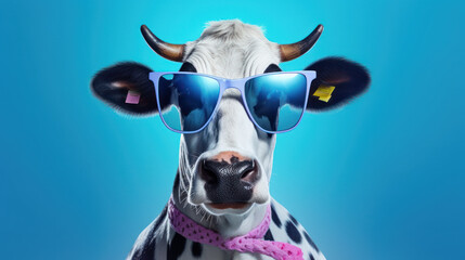 Trendy Bovine Comedy: Funny Cow Strikes a Pose in Sunglasses. 
