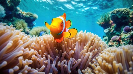 Naklejka na ściany i meble a clown fish swimming in the water over anemone. generative ai