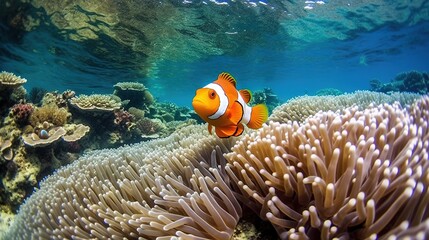 Obraz na płótnie Canvas a clown fish swimming over a coral reef in the ocean. generative ai