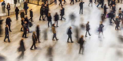 Obraz premium City in Motion: Above View of Busy Pedestrians Walking with Motion Blur. 