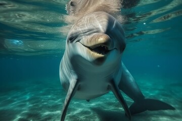 Happy dolphin swimming in bright clear turquese water. Generative AI