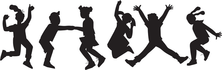 Black silhouette of children jumping for joy. Active kids jumping or trampolining, outline elements collection. Summer entertainments and attraction.