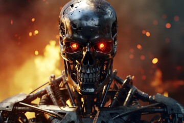 Cyborg endoskeleton portrait on black background Generative AI