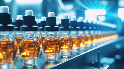 Pharmaceutical Manufacturing: Pharmaceutical Machine Working on Glass Bottles Production Line. 