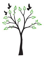 tree with birds and leaves isolated on white background. Vector illustration.