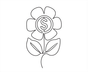 One Continuous line drawing of money flowers with coin dollar. Growing coin tree symbol and finance investment increase concept in simple linear style. 
