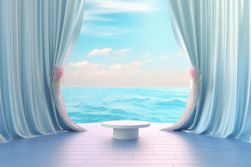 Little Product podium scene in pastel light colors, in a nautical antique style. Blue sky, tourmaline sea, tulle curtains. Copy space. Generative AI 3d render illustration imitation.