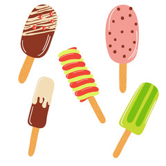 Ice cream set. Colorful ice-cream cones and popsicles. Isolated ice-cream cones and popsicle with different topping.
