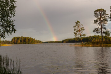 Background of the sea coast, bay in Nilmogub. Murmansk region. Rainbow