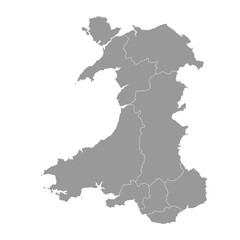 Grey map of Wales with counties. Vector illustration.