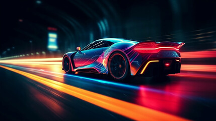 Obraz na płótnie Canvas Sports Car On Neon Highway. Powerful acceleration of a supercar with colorful lights and trails. Generative ai.
