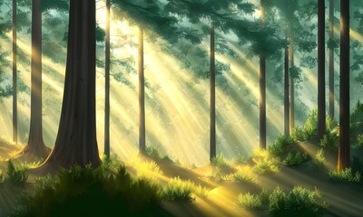 a pine forest, a dense thicket that begins to wake up in the early morning. The sun is just rising. Its bold rays have already gilded the tops of huge trees , Generative AI, Generative, AI, 