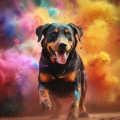 A cheerful playful dog jumps up among the colors of Holi, Rottweiler on a bright multi-colored background, generative ai