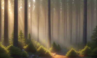 a pine forest, a dense thicket that begins to wake up in the early morning. The sun is just rising. Its bold rays have already gilded the tops of huge trees , Generative AI, Generative, AI, 