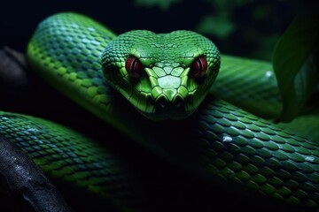 Fototapeta premium Close-up view of a green snake. Generative AI