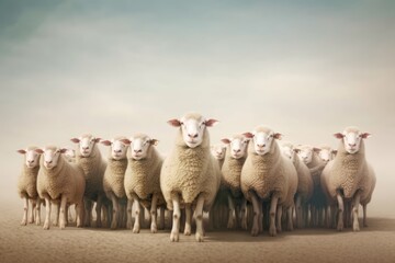 Fototapeta premium Flock of sheep staring in the same direction. Generative AI