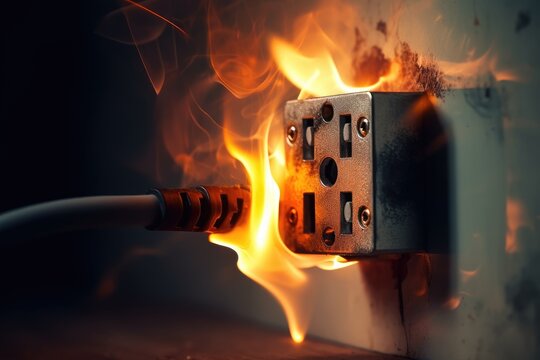 Electrical short circuit. Failure caused by burning wire and rosettes socket plug in house. Generative AI