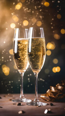 Illustration of two glasses of champagne on a dark background. Holiday banner with sparkling wine created for postcard, poster, web site. Celebration mood, romantic atmosphere. Generative AI